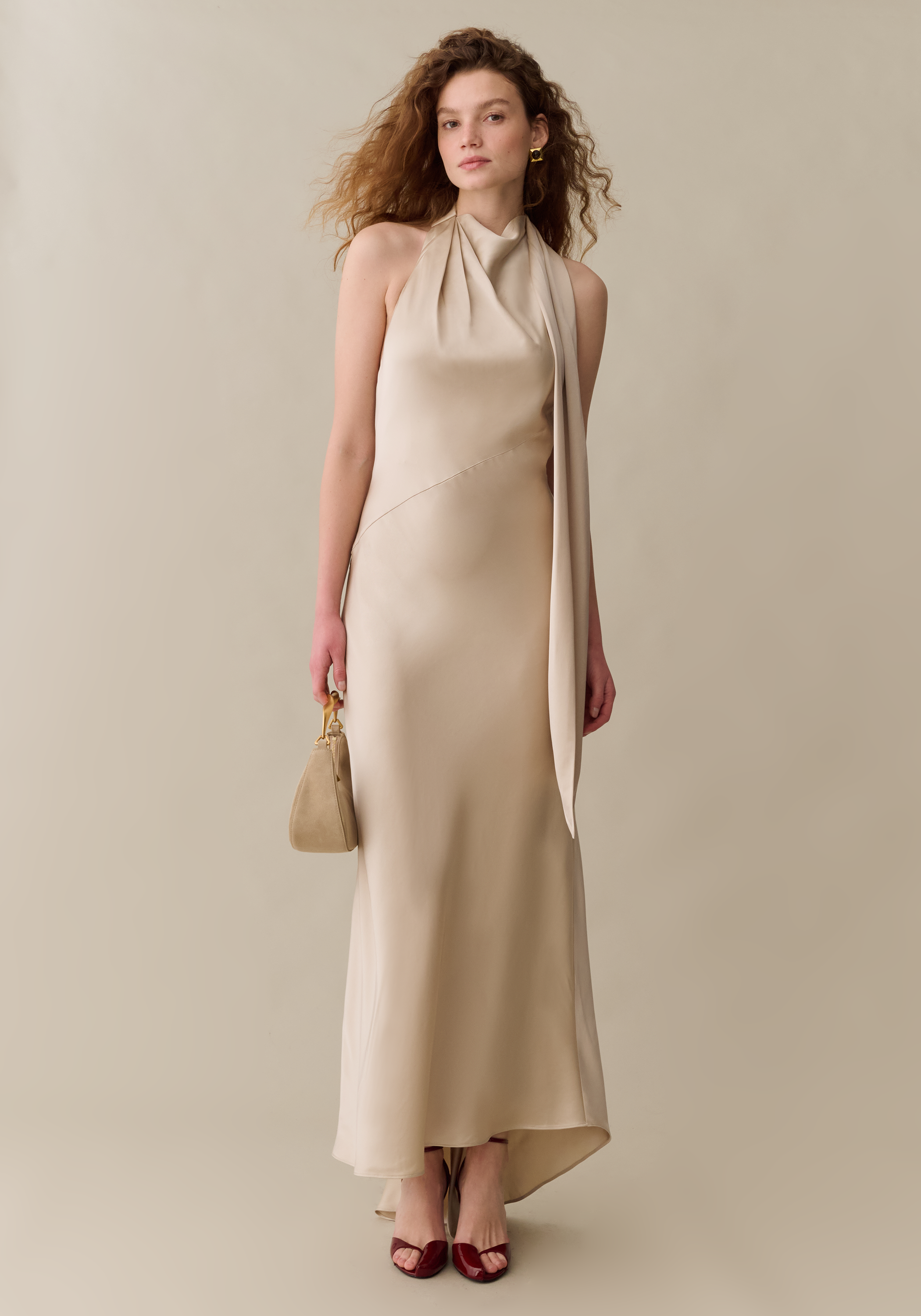 Women’s Elegant Maxi Dress with Plunging Back & Scarf, Silky