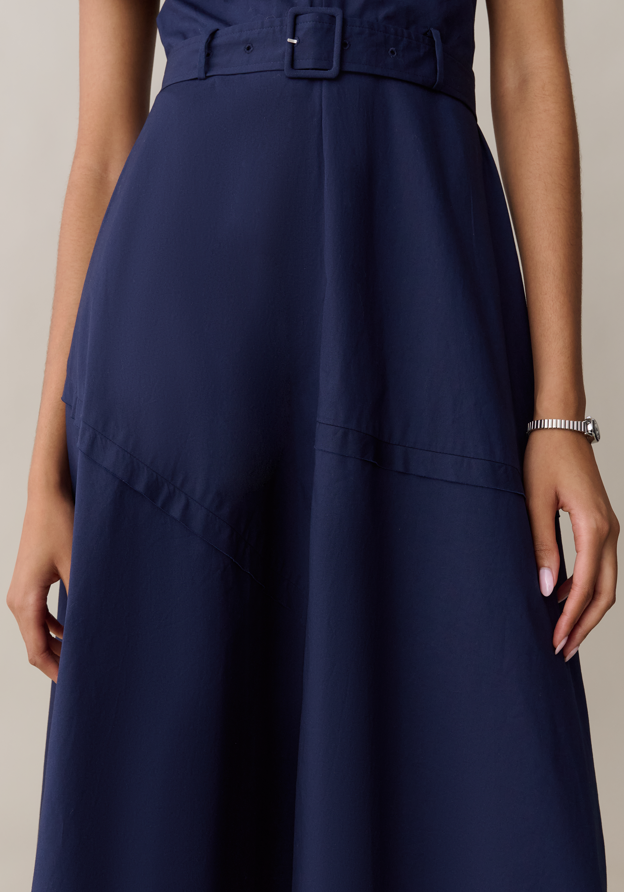 Women’s Elegant Midi Dress with Belt & Pockets, A-Line
