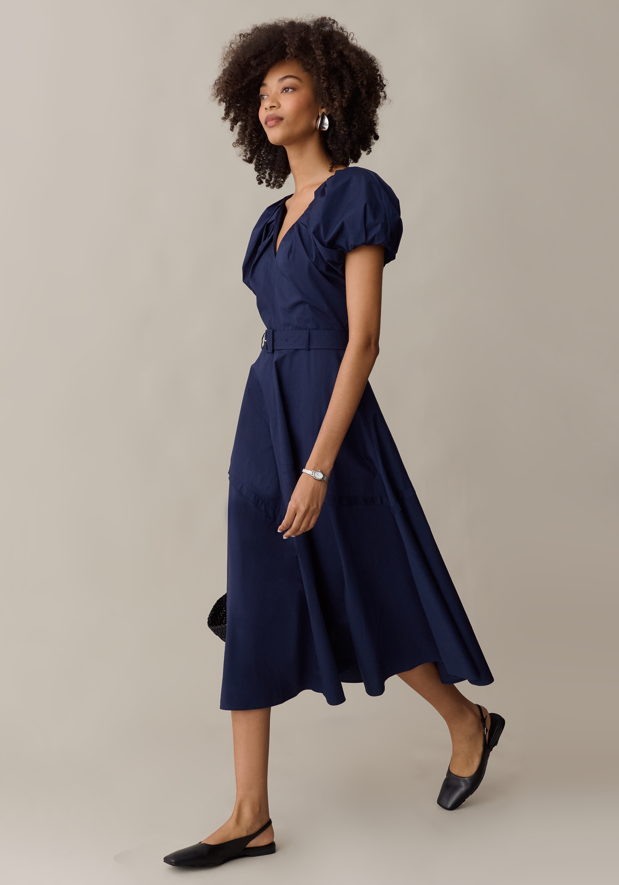 Women’s Elegant Midi Dress with Belt & Pockets, A-Line