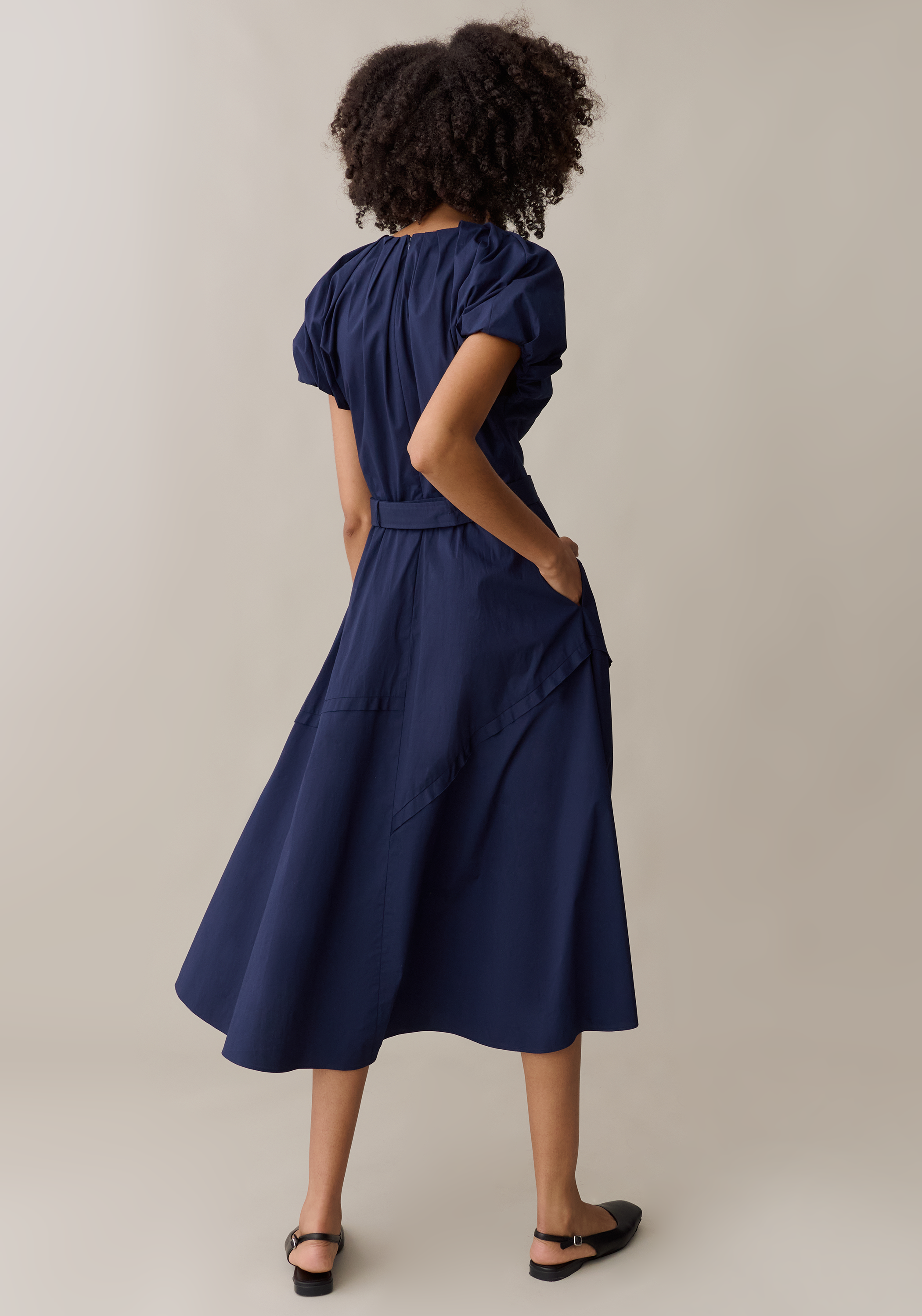 Women’s Elegant Midi Dress with Belt & Pockets, A-Line
