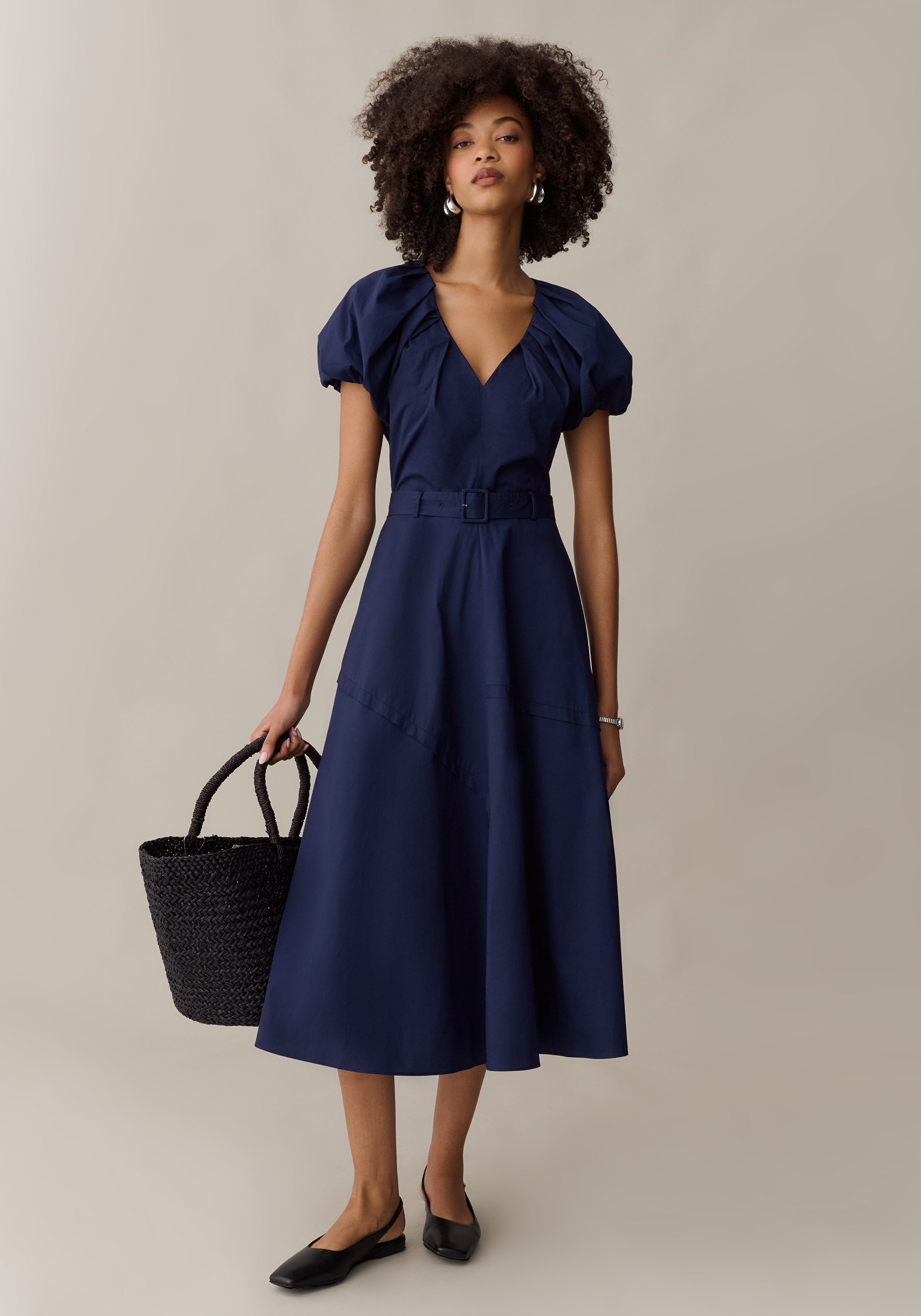 Women’s Elegant Midi Dress with Belt & Pockets, A-Line