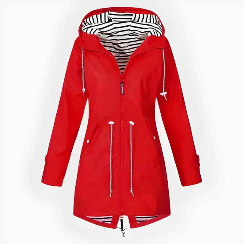 Women's Waterproof Long Rain Jacket with Adjustable Hood and Breathable Fabric