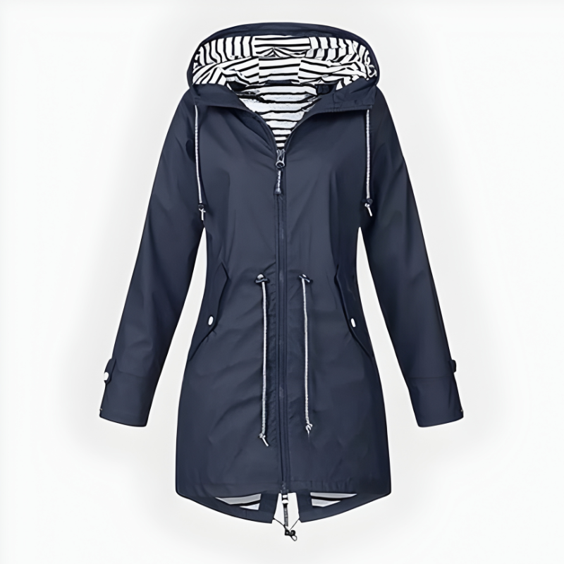 Women's Waterproof Long Rain Jacket with Adjustable Hood and Breathable Fabric