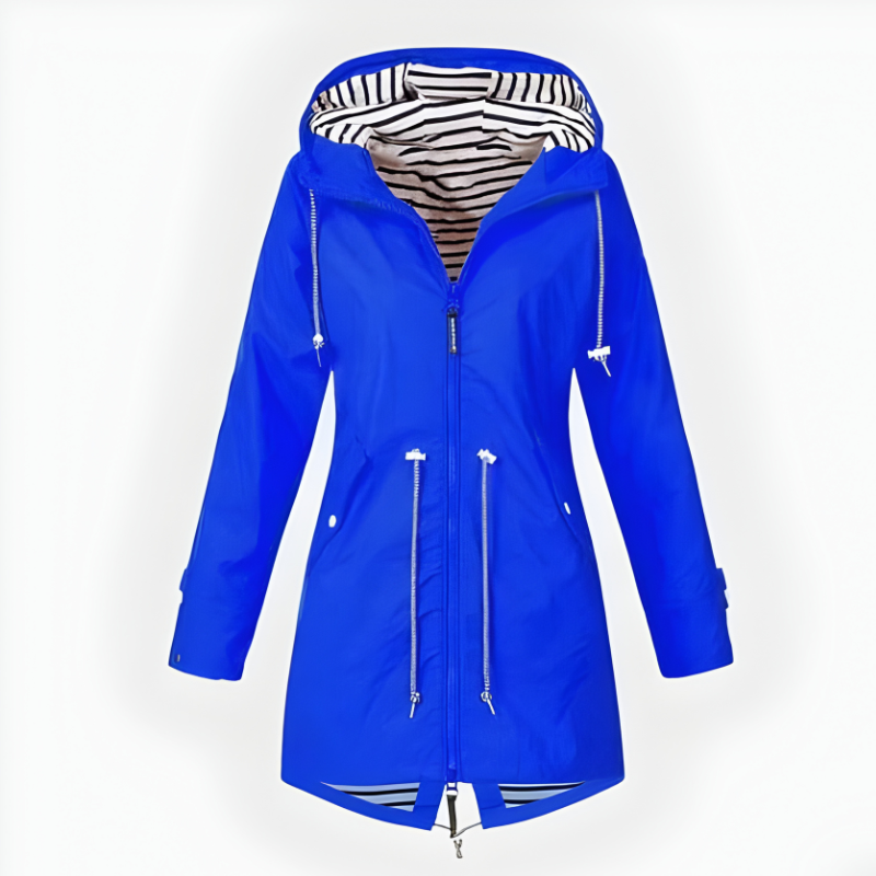 Women's Waterproof Long Rain Jacket with Adjustable Hood and Breathable Fabric