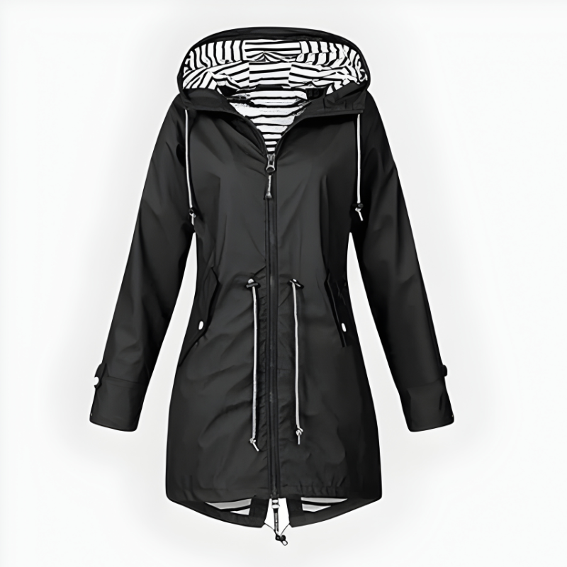 Women's Waterproof Long Rain Jacket with Adjustable Hood and Breathable Fabric