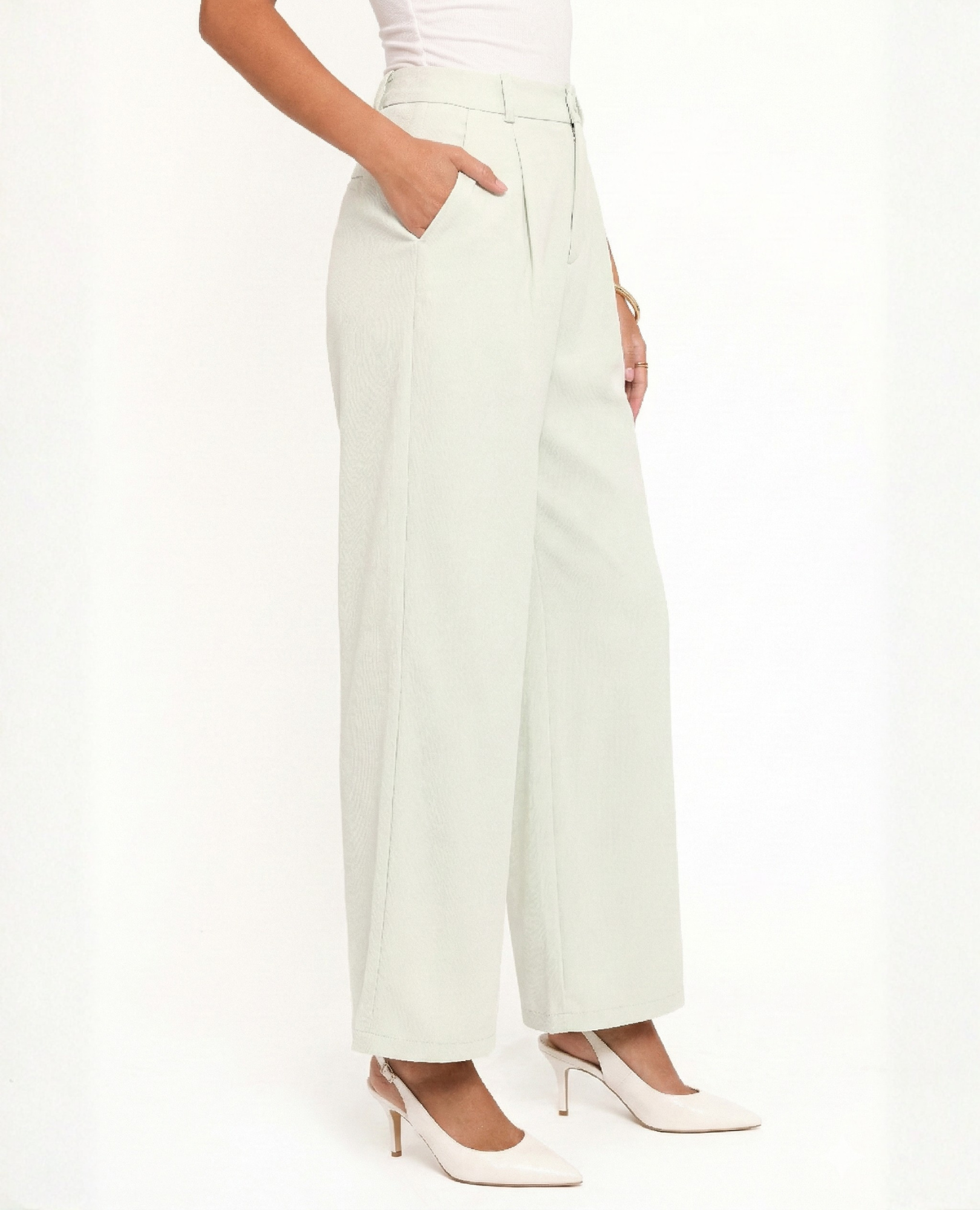 Women’s Sage Green Wide Leg Pants, High-Rise Front Pleat