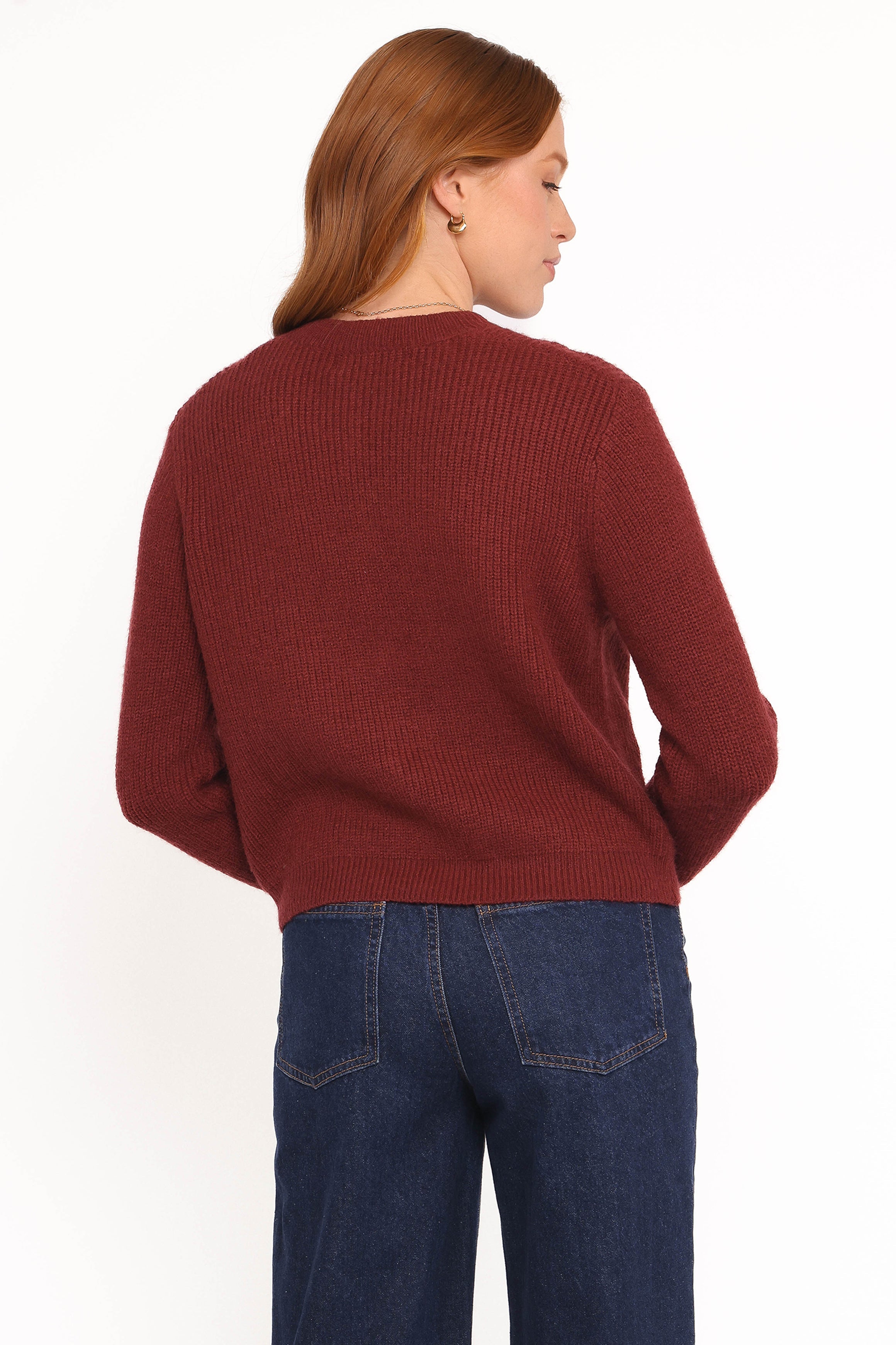 Women’s Burgundy Bow Front Cardigan, Ribbed Long Sleeve