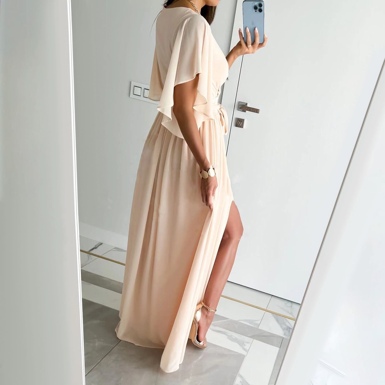 Wrap Maxi Dress with Flutter Sleeves for Bridesmaid and Formal Events