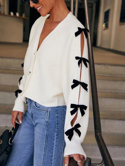 Women's Knit Cardigan with Bow Sleeve Accents, Relaxed Fit