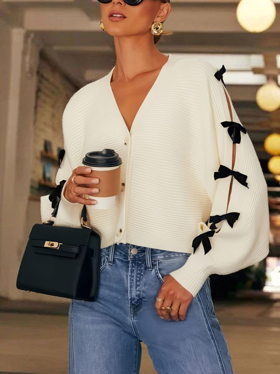 Women's Knit Cardigan with Bow Sleeve Accents, Relaxed Fit