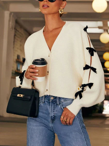 Women's Knit Cardigan with Bow Sleeve Accents, Relaxed Fit