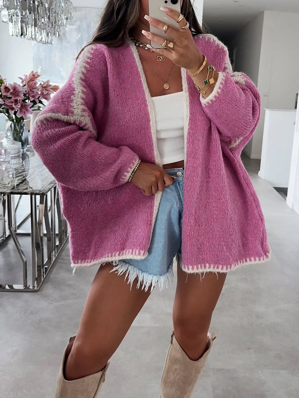 Oversized Open Front Knit Cardigan for Women with Textured Fabric and Relaxed Drape