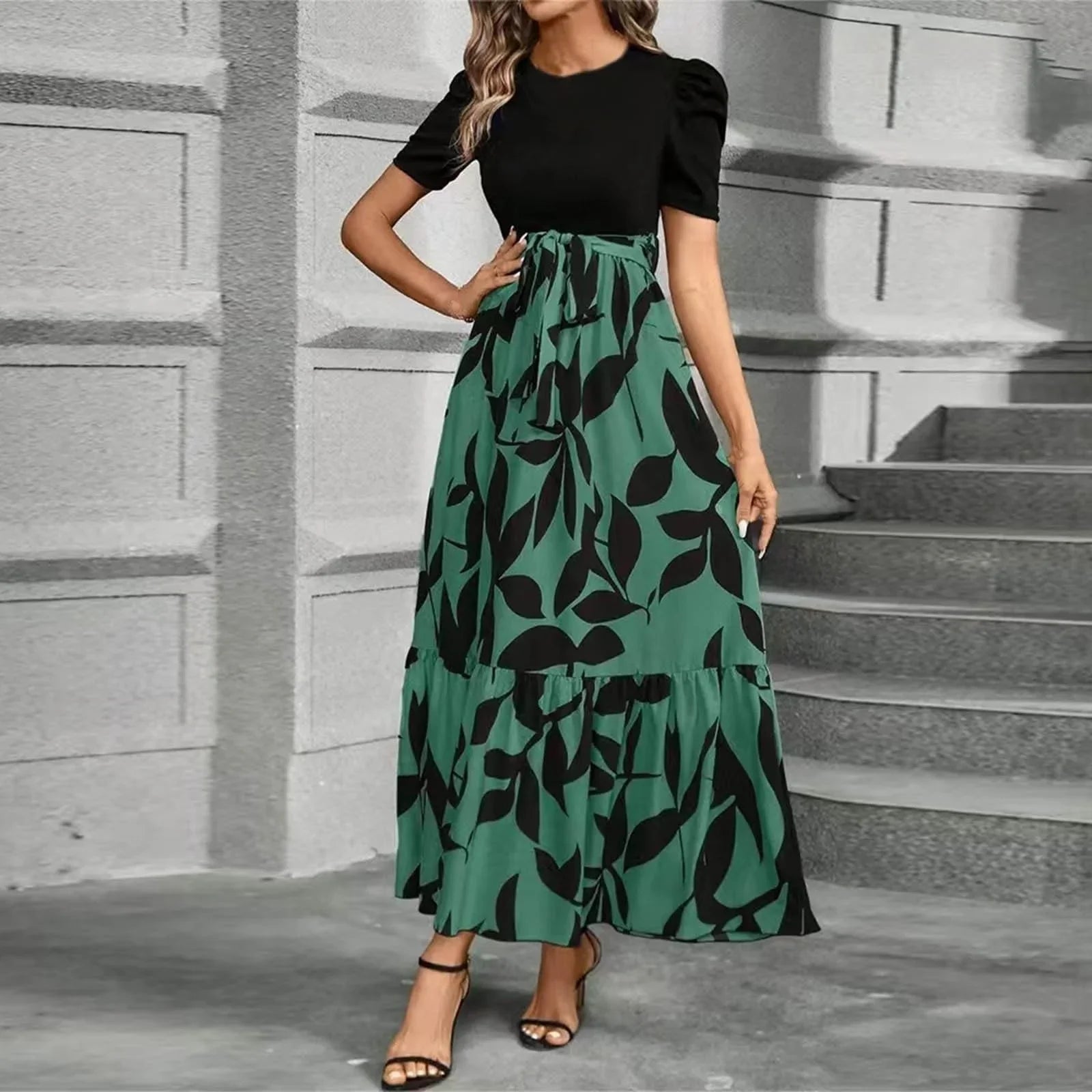 Women's Short Sleeve Maxi Dress with Adjustable Tie Waist