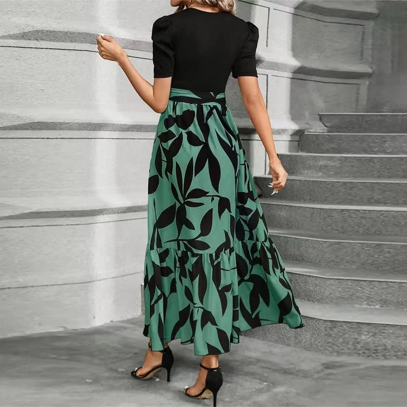 Women's Short Sleeve Maxi Dress with Adjustable Tie Waist