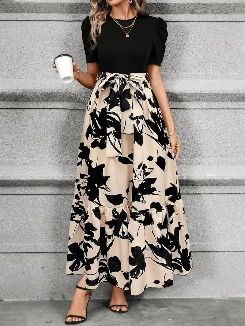 Women's Short Sleeve Maxi Dress with Adjustable Tie Waist