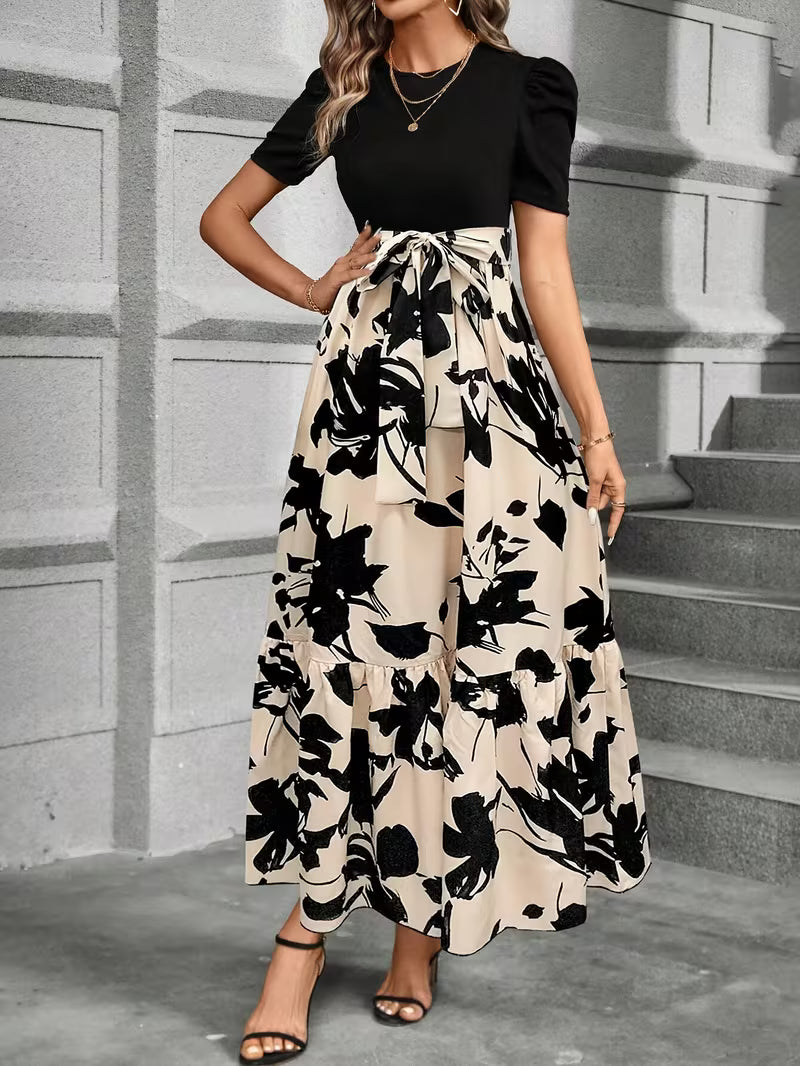 Women's Short Sleeve Maxi Dress with Adjustable Tie Waist