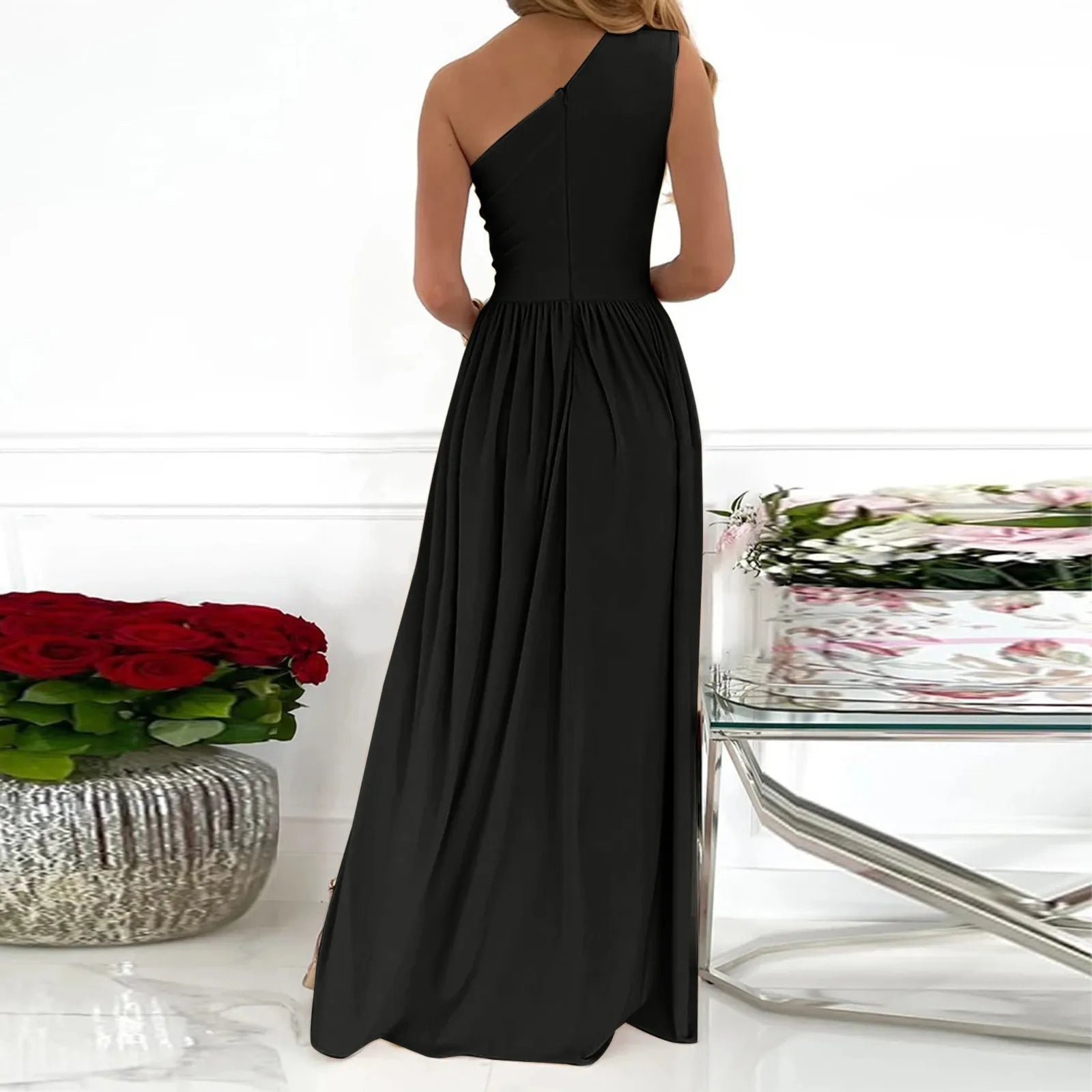 One-Shoulder Maxi Dress with Wrap Bodice and High Split Skirt