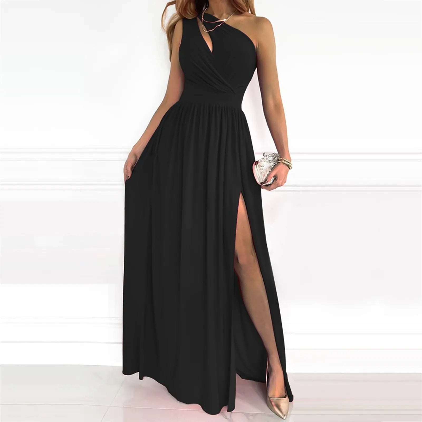One-Shoulder Maxi Dress with Wrap Bodice and High Split Skirt