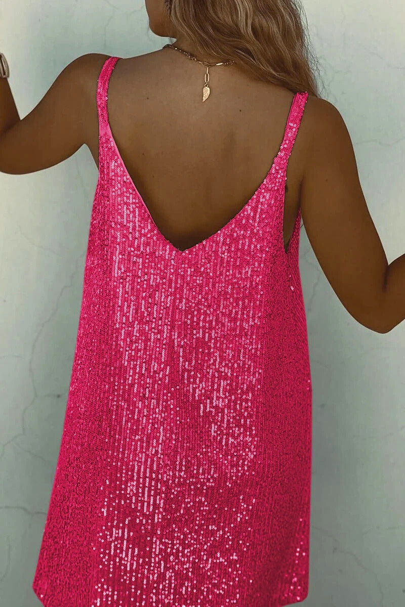 Sequin Mini Dress with V-Neck and Flared Skirt for Party Events