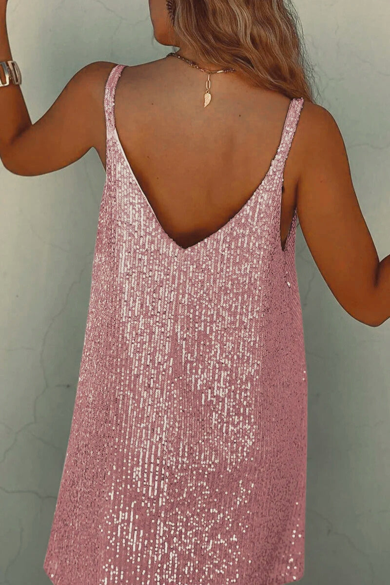 Sequin Mini Dress with V-Neck and Flared Skirt for Party Events
