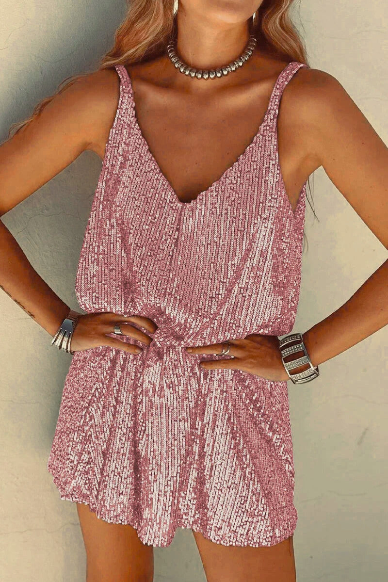 Sequin Mini Dress with V-Neck and Flared Skirt for Party Events