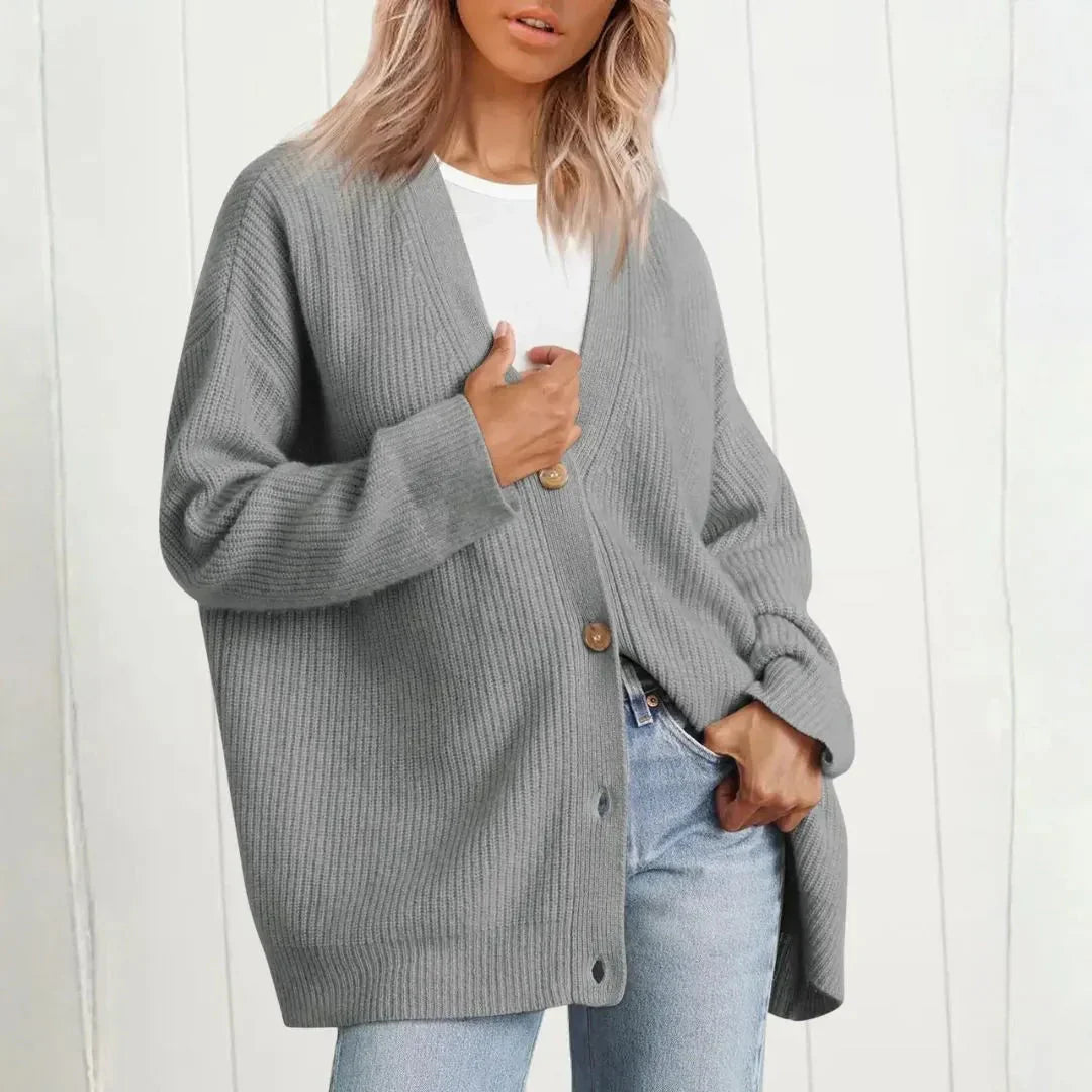 Longline Ribbed Cardigan with Deep V-Neckline and Button Front, Oversized Fit