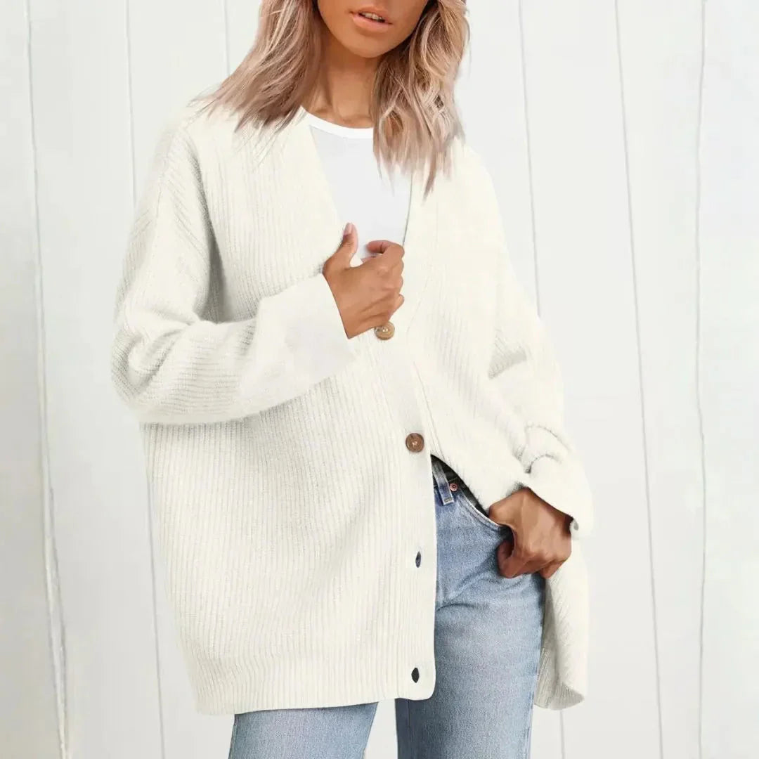 Longline Ribbed Cardigan with Deep V-Neckline and Button Front, Oversized Fit