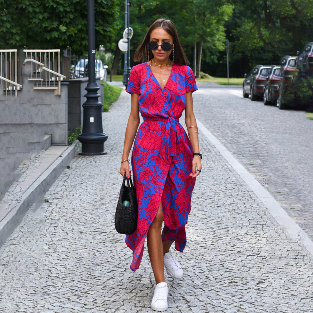 Women's Floral Wrap Maxi Dress with V-Neckline and Tie Waist