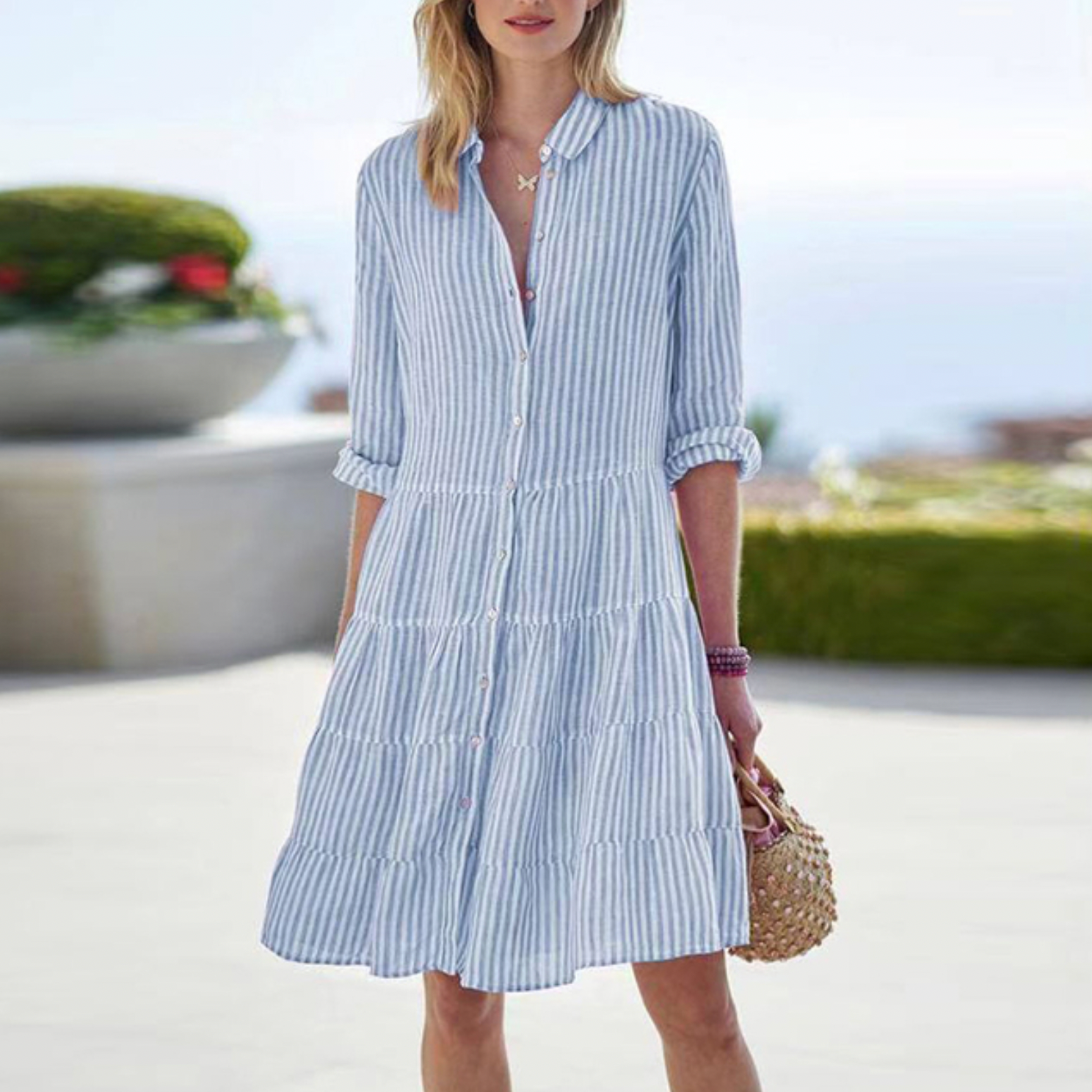 Women's Button-Down Midi Dress with Front Closure for Summer Wear