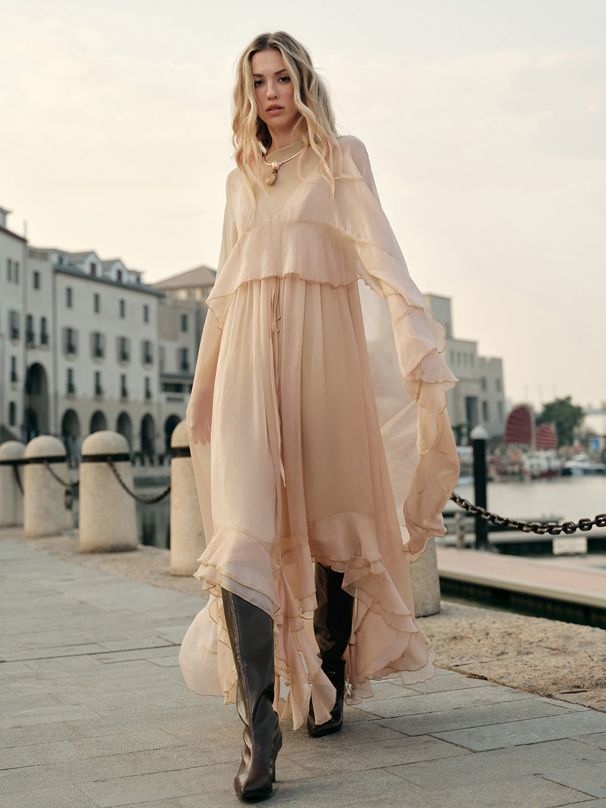 Maxi Dress with Long Sleeves and Sheer Chiffon, Crew Neck Shift Fit