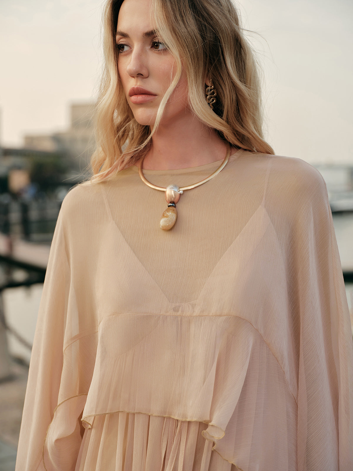 Maxi Dress with Long Sleeves and Sheer Chiffon, Crew Neck Shift Fit