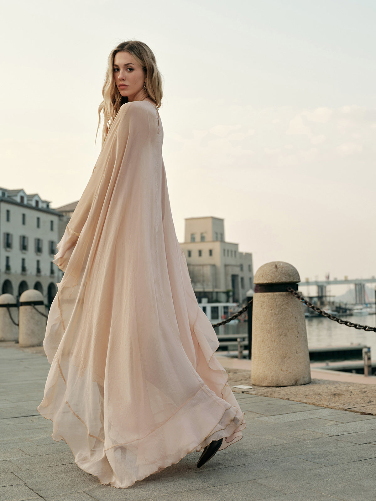 Maxi Dress with Long Sleeves and Sheer Chiffon, Crew Neck Shift Fit