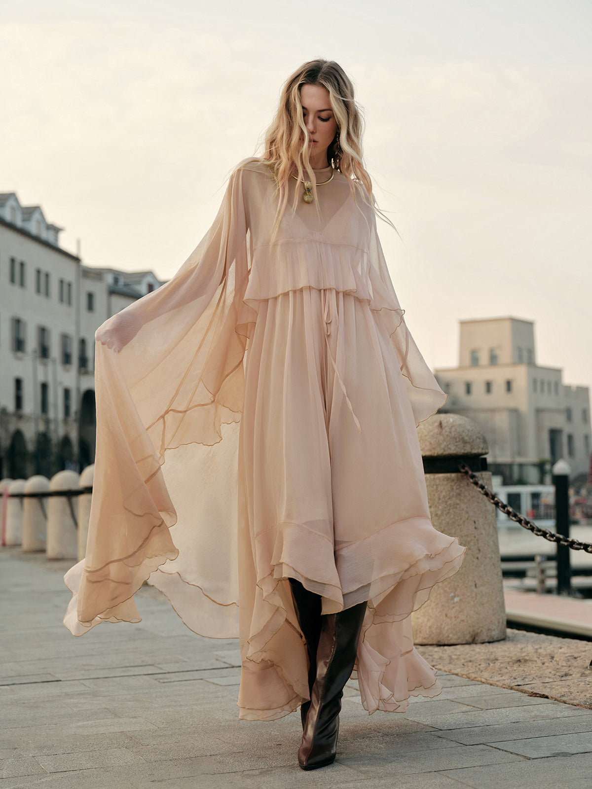 Maxi Dress with Long Sleeves and Sheer Chiffon, Crew Neck Shift Fit