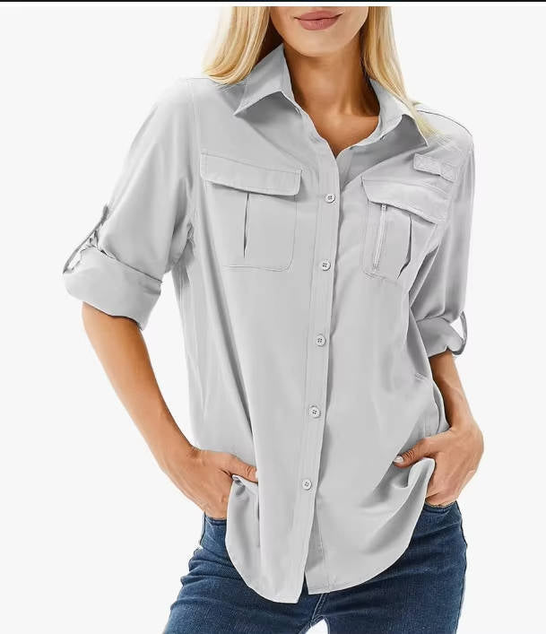 Women's UPF 50 Long Sleeve Shirt with Convertible Sleeves and Mesh Back, Hiking Fishing