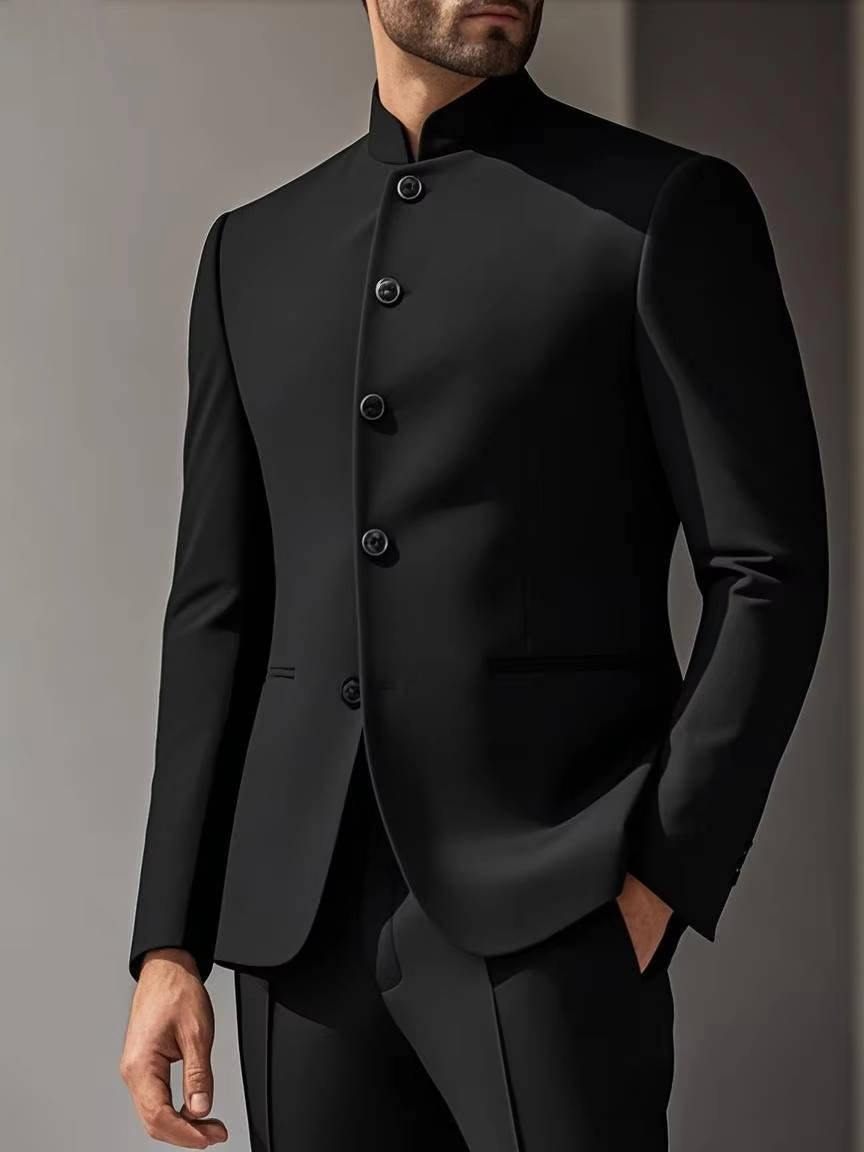 Men's Slim Fit Formal Suit with High Nehru Collar and Polyester Viscose Blend