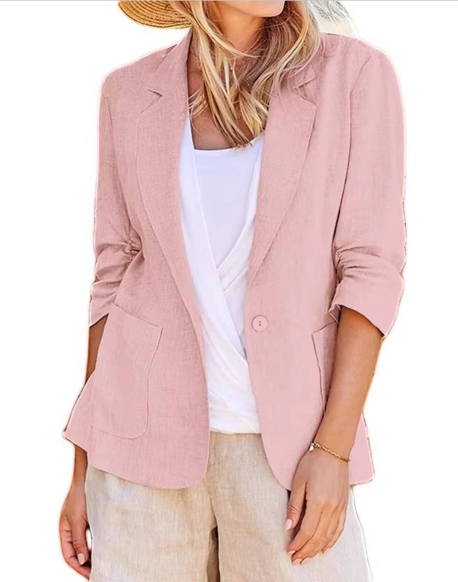 Women's Linen Blazer with Cinched Waist and Ruched Three Quarter Sleeves