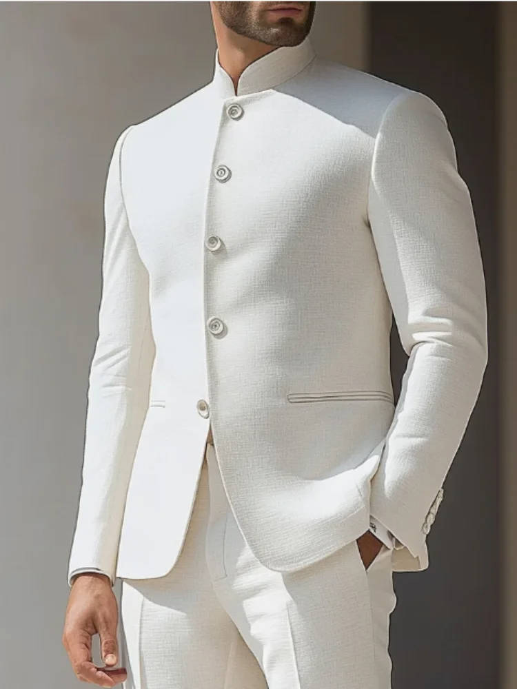 Men's Slim Fit Formal Suit with High Nehru Collar and Polyester Viscose Blend