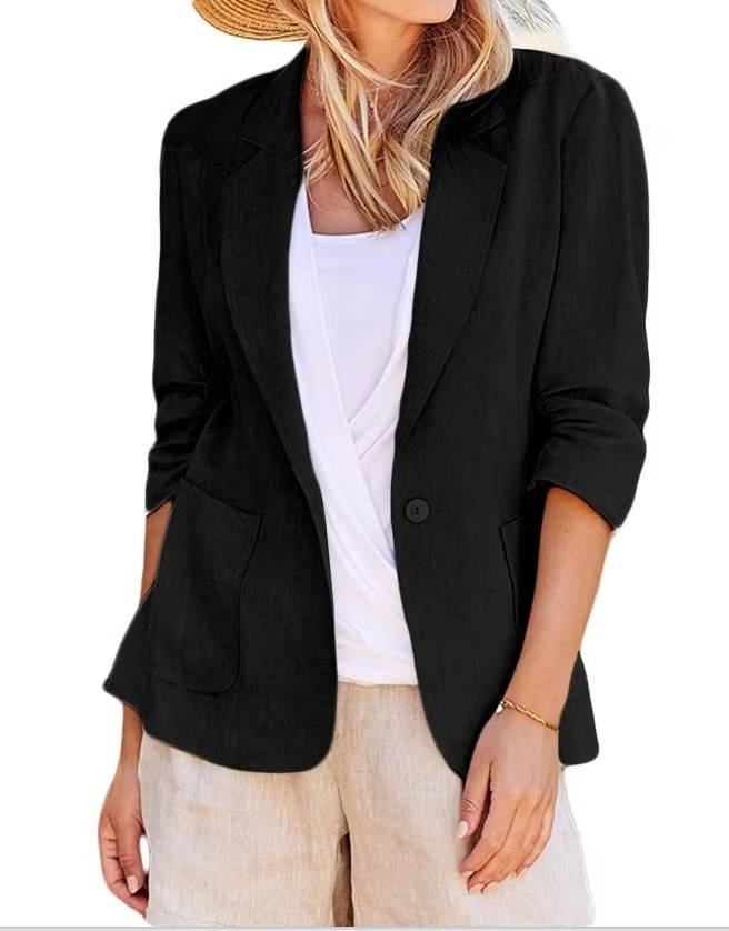 Women's Linen Blazer with Cinched Waist and Ruched Three Quarter Sleeves