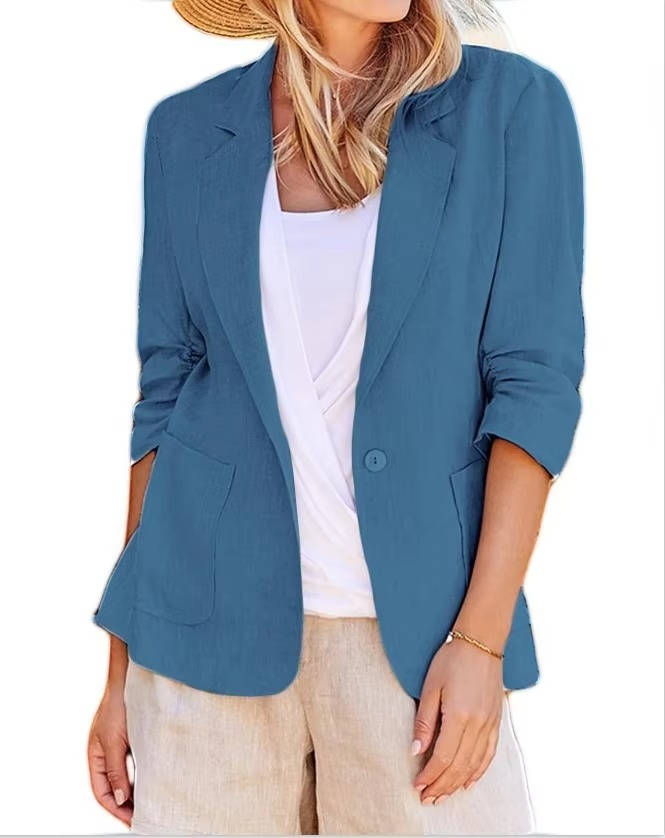 Women's Linen Blazer with Cinched Waist and Ruched Three Quarter Sleeves