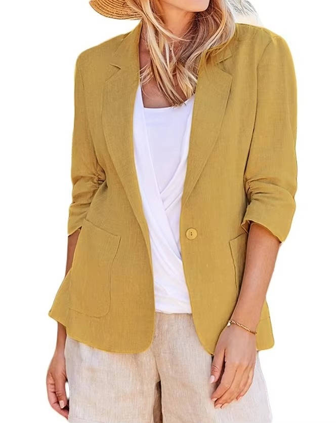 Women's Linen Blazer with Cinched Waist and Ruched Three Quarter Sleeves