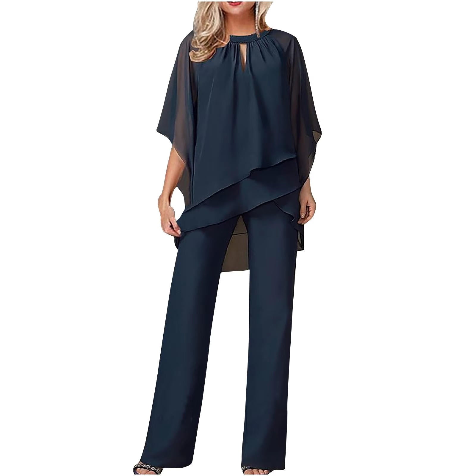 Women's Chiffon Pantsuit with Batwing Sleeves and Shimmer Details, Machine Washable