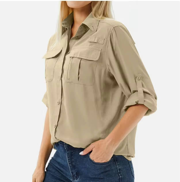 Women's UPF 50 Long Sleeve Shirt with Convertible Sleeves and Mesh Back, Hiking Fishing