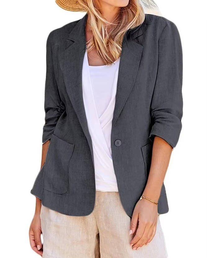 Women's Linen Blazer with Cinched Waist and Ruched Three Quarter Sleeves