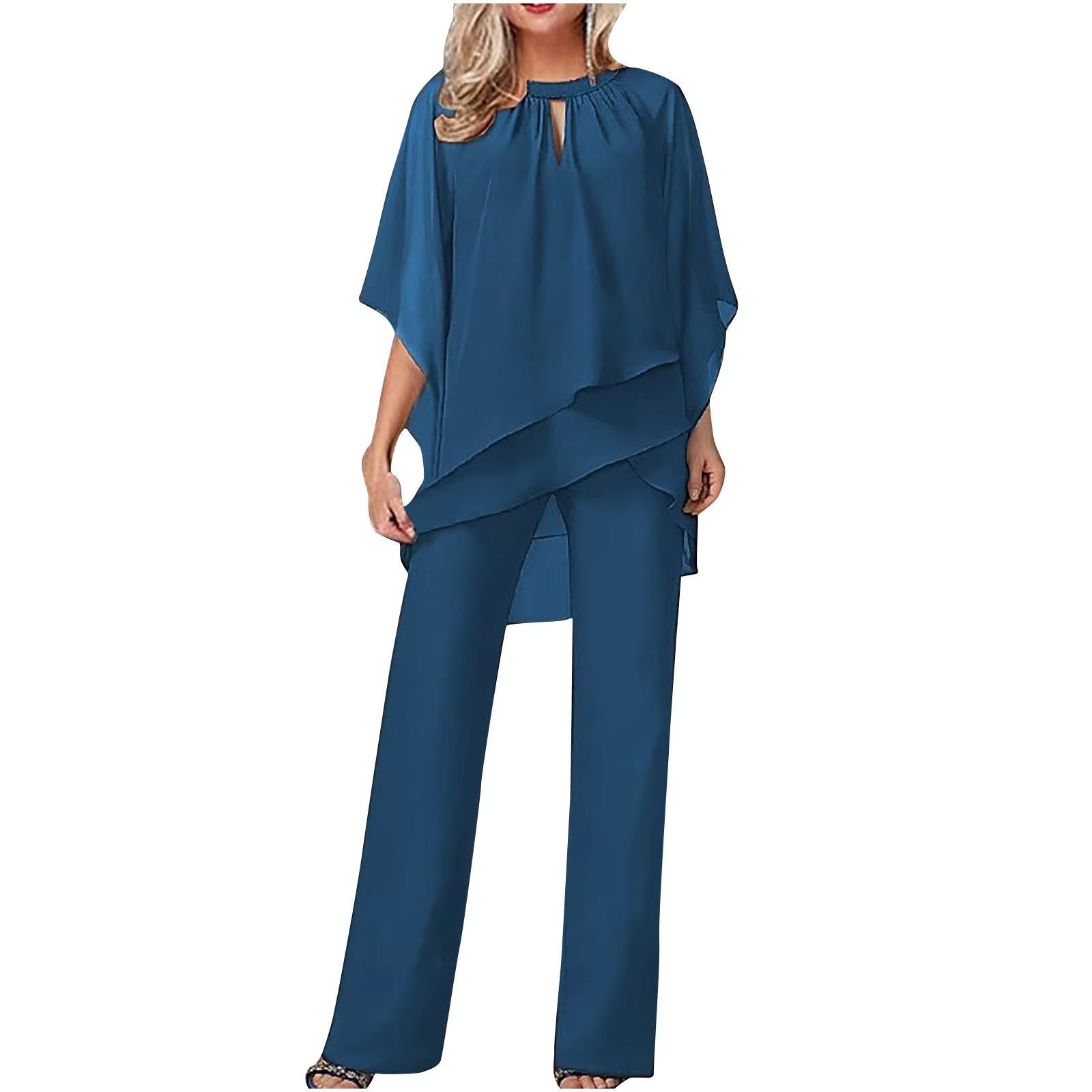Women's Chiffon Pantsuit with Batwing Sleeves and Shimmer Details, Machine Washable