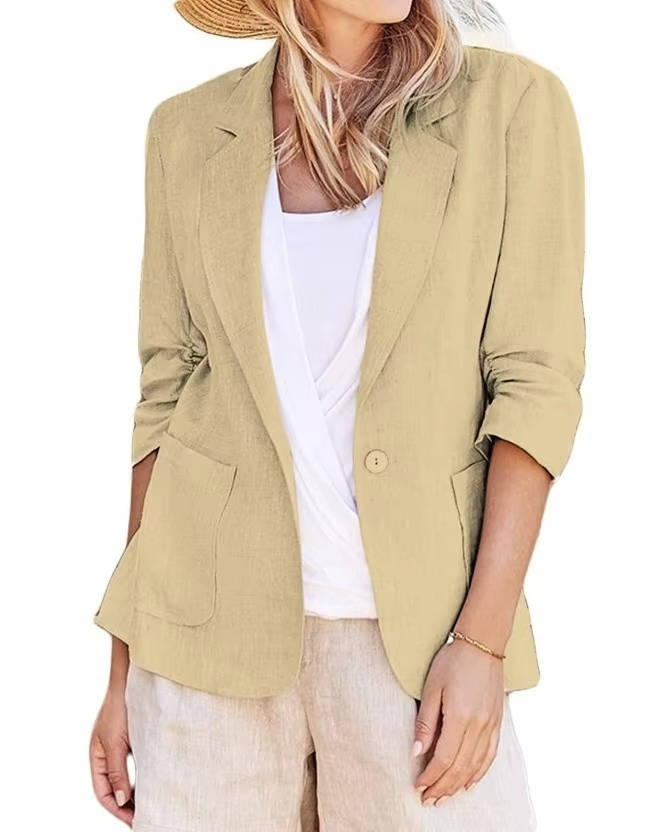 Women's Linen Blazer with Cinched Waist and Ruched Three Quarter Sleeves