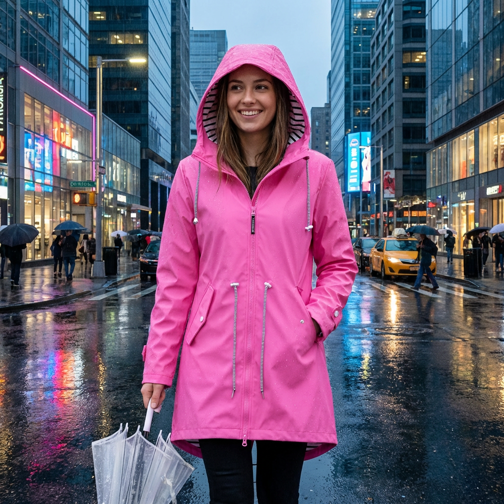 Women's Waterproof Long Rain Jacket with Adjustable Hood and Breathable Fabric