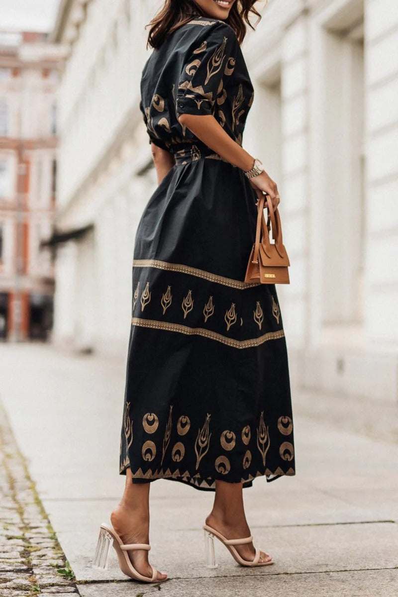 A-Line Dress with Short Sleeves and Tailored Fit, Knee to Mid-Calf Length