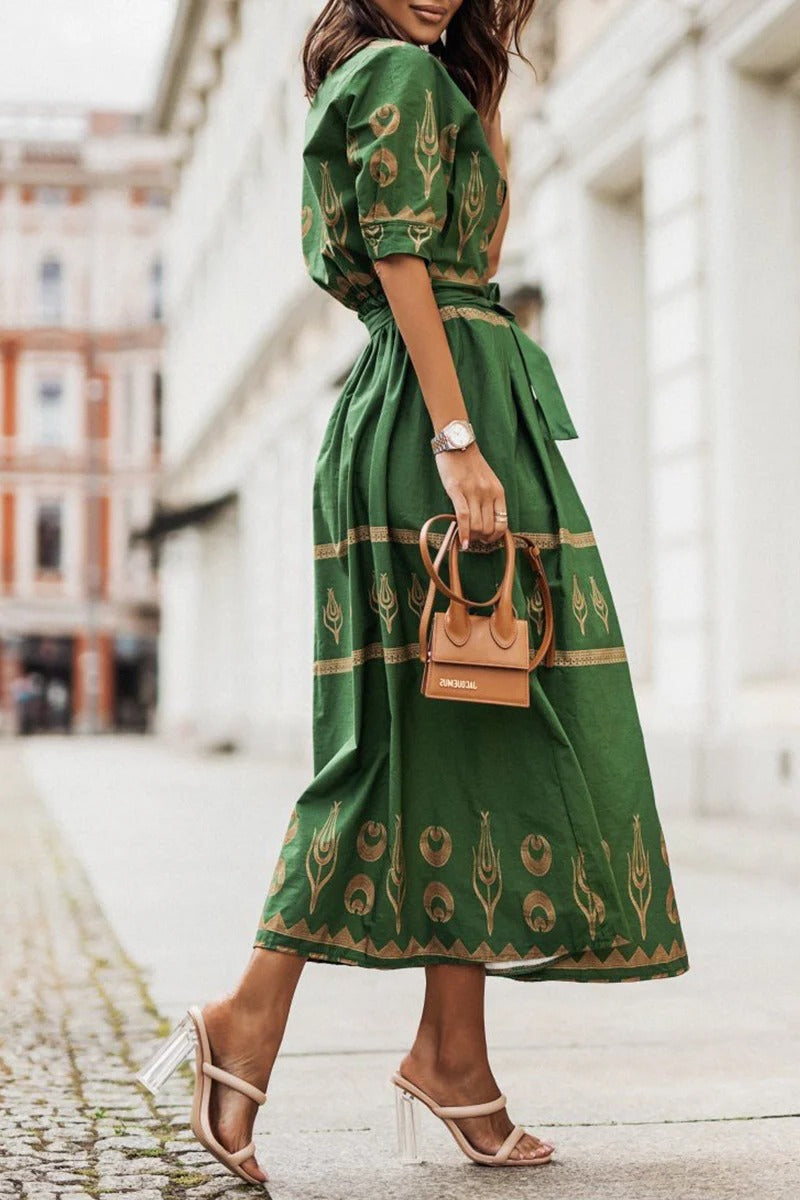 A-Line Dress with Short Sleeves and Tailored Fit, Knee to Mid-Calf Length