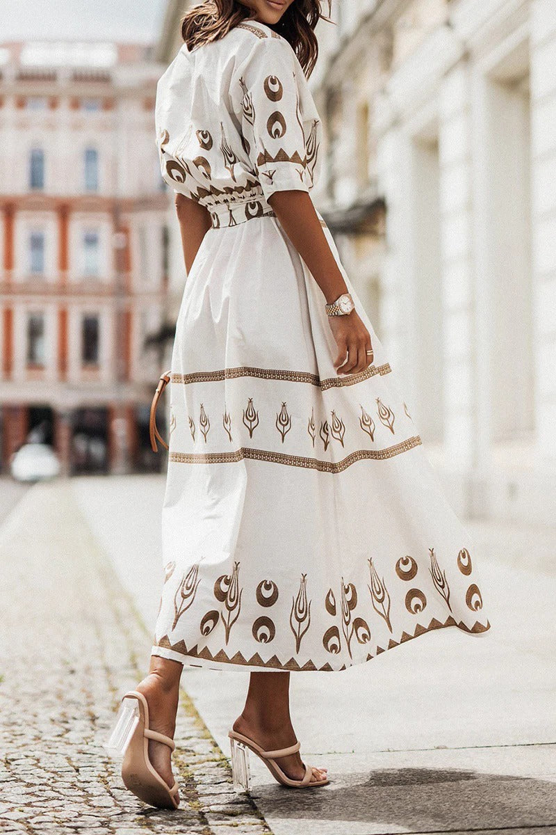 A-Line Dress with Short Sleeves and Tailored Fit, Knee to Mid-Calf Length