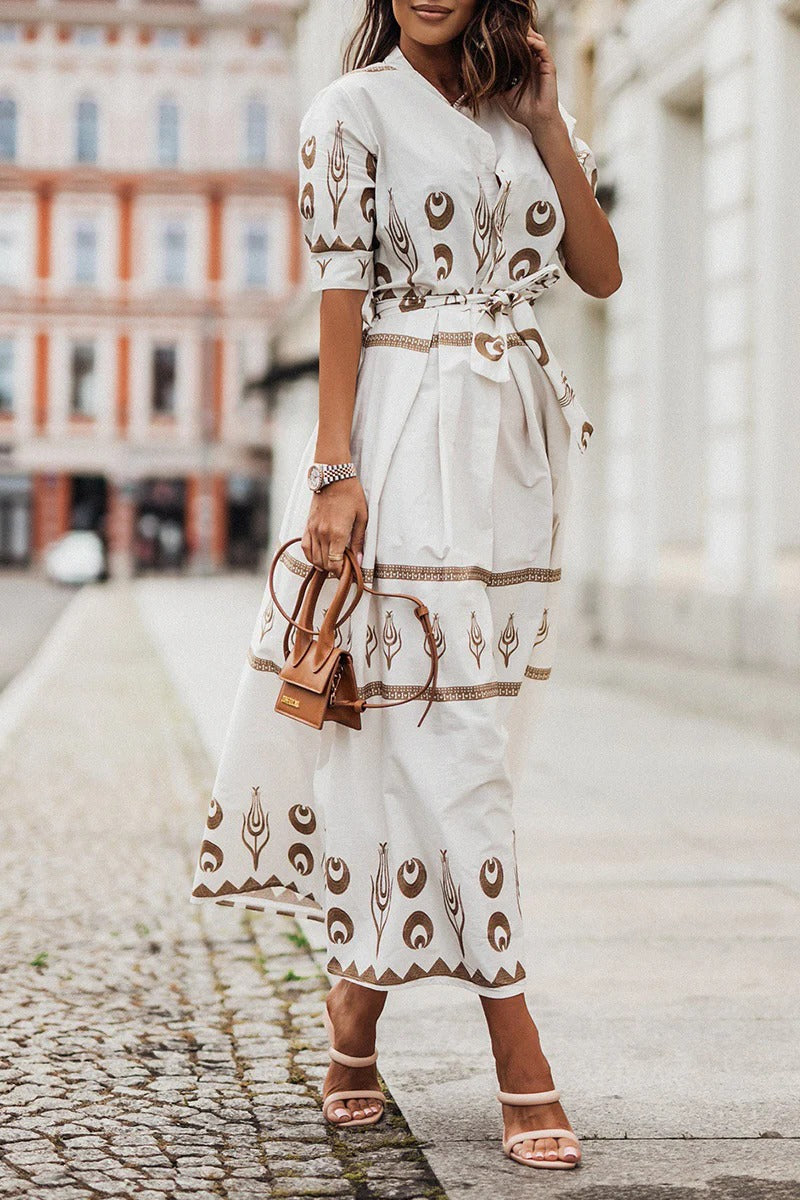A-Line Dress with Short Sleeves and Tailored Fit, Knee to Mid-Calf Length
